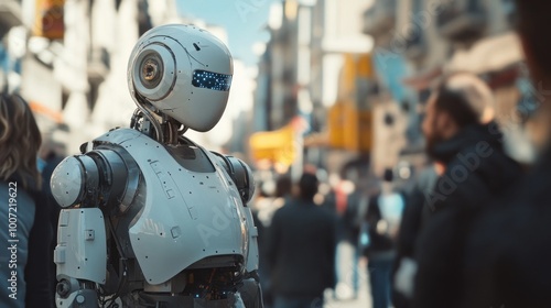 Futuristic robot standing in a city with people in the background.