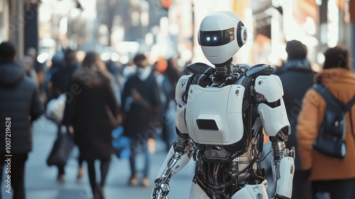 Wallpaper Mural A white humanoid robot walks among a blurry crowd in a city setting. Torontodigital.ca