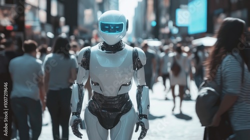 Wallpaper Mural A humanoid robot walks among a crowd of people in a city. Torontodigital.ca