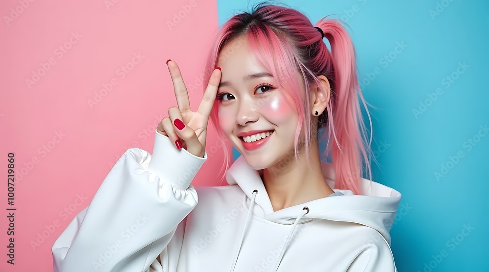 Young pretty Asian woman with glitter make-up wearing sporty fashion, white clothes, model posing isolated on a colorful modern pink and blue background, k-pop style Young pretty Asian woman with glitter make-up wearing sporty fashion, white clothes, model posing isolated on a colorful modern pink and blue background, k-pop style