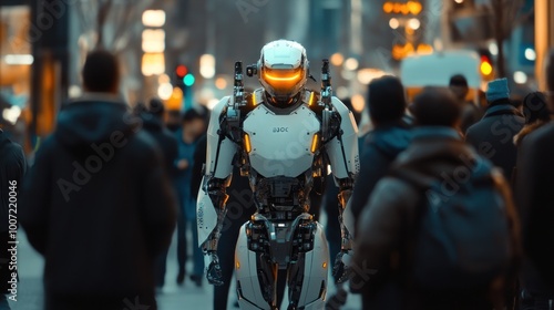 Wallpaper Mural Futuristic robot walks through a crowd of people on a city street. Torontodigital.ca
