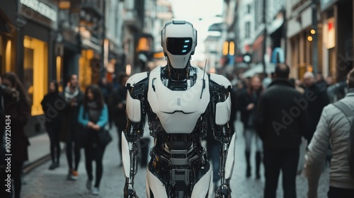 Wallpaper Mural A futuristic robot stands in a city street, surrounded by a crowd of blurry pedestrians. Torontodigital.ca