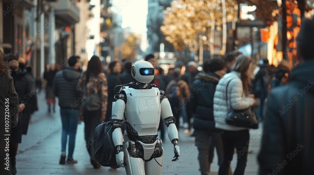A white humanoid robot walks through a city street among a crowd of people, with a black bag. A white humanoid robot walks through a city street among a crowd of people, with a black bag.