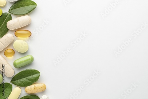 Natural Wellness: A Close-Up of Colorful Pills Surrounded by Fresh Green Leaves, Symbolizing the Harmony of Nature and Health in Modern Living