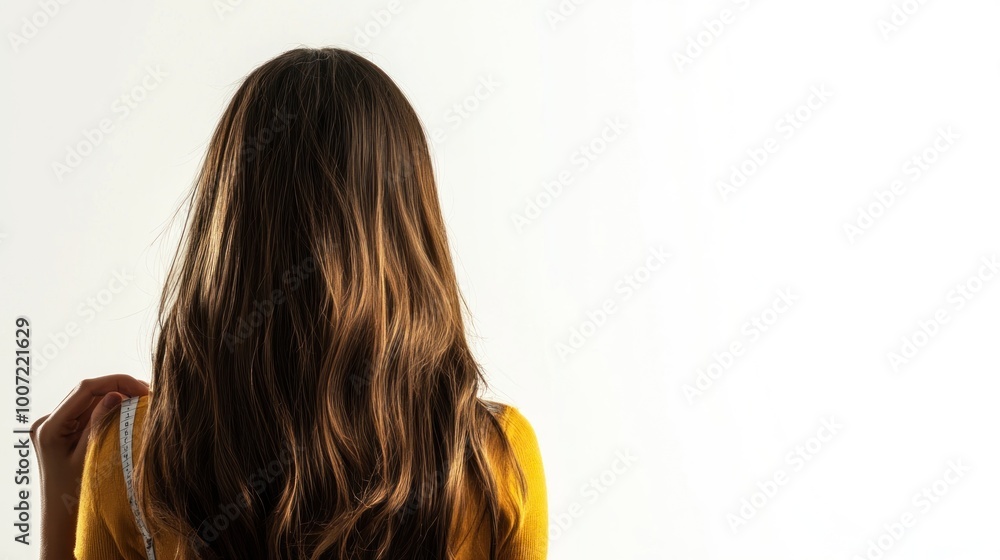 Naklejka premium Rear view of a woman with long brown hair wearing a yellow sweater and holding a measuring tape.