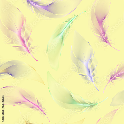 Seamless pattern with gold feathers of bird. Repeating texture. Boho style. 