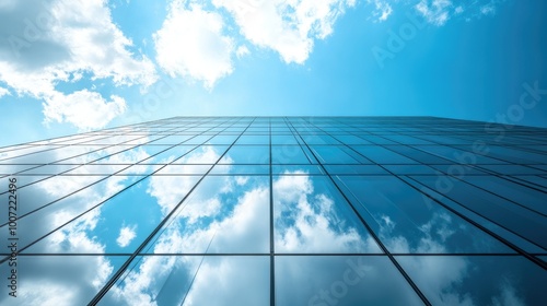 Modern Glass Skyscraper Reflecting Blue Sky and Clouds with a Futuristic Architectural Design