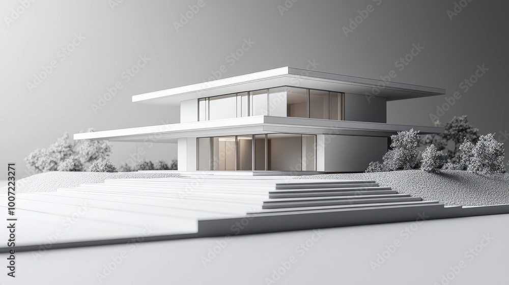 Modern Minimalist House with Flat Roof in Monochrome Design Depicting Contemporary Architecture Modern Minimalist House with Flat Roof in Monochrome Design Depicting Contemporary Architecture