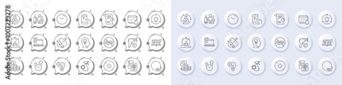 Coronavirus spray, Medical vaccination and 360 degrees line icons. White pin 3d buttons, chat bubbles icons. Pack of Inspect, Idea, Mental health icon. Seo idea, Notification, Timer pictogram. Vector