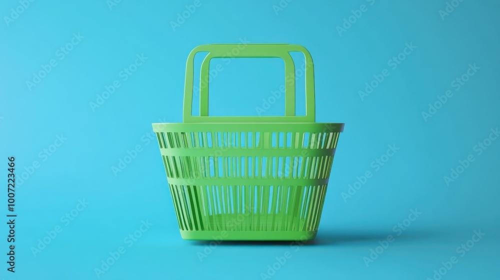 A green plastic basket with a handle on a blue background. A green plastic basket with a handle on a blue background.