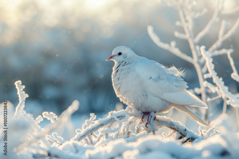 Fototapeta premium A white bird sits atop a snow-covered tree branch, blending in with its winter surroundings