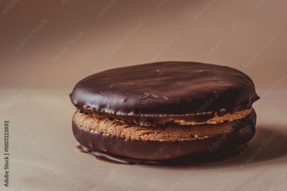 A single chocolate-covered cookie sitting on a table, ready to be enjoyed A single chocolate-covered cookie sitting on a table, ready to be enjoyed
