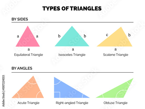 Types of Triangles by Side and by Angles. Equilateral, Isosceles, Scalene, Acute, Right  and Obtuse Triangle Colorful Illustration
