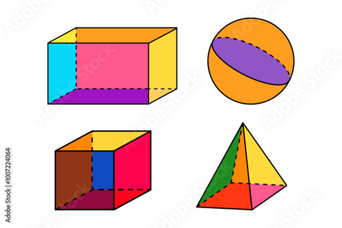 Colorful Happy 3D Geometric Shapes of Sphere, Cube, Cuboid, Pyramid Objects