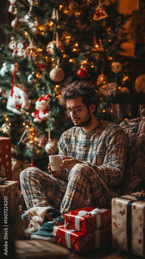 Naklejka premium Cozy Christmas Morning: Young Man in Plaid Pajamas with Hot Beverage by Decorated Tree