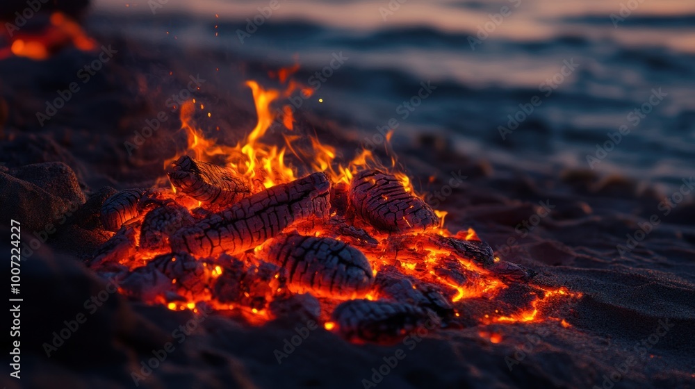 Close-up of glowing embers from a campfire on the beach at dusk. Close-up of glowing embers from a campfire on the beach at dusk.