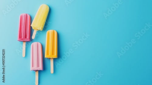 Colorful frozen popsicles in shades of pink, yellow, and orange arranged on a bright blue background during a sunny day in summer