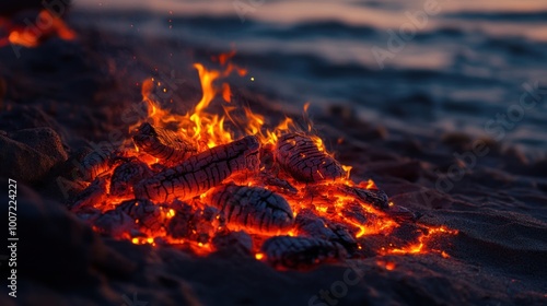 Close-up of glowing embers from a campfire on the beach at dusk.