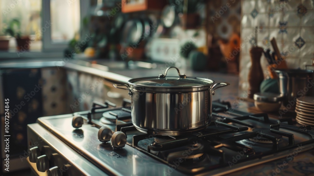 A pot sits on top of a stove in a kitchen A pot sits on top of a stove in a kitchen