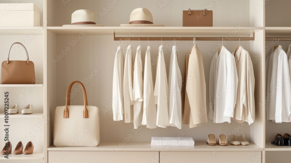Walk-in closet with a neutral palette, neatly arranged clothes, shoes, and bags in an open-shelf design Walk-in closet with a neutral palette, neatly arranged clothes, shoes, and bags in an open-shelf design