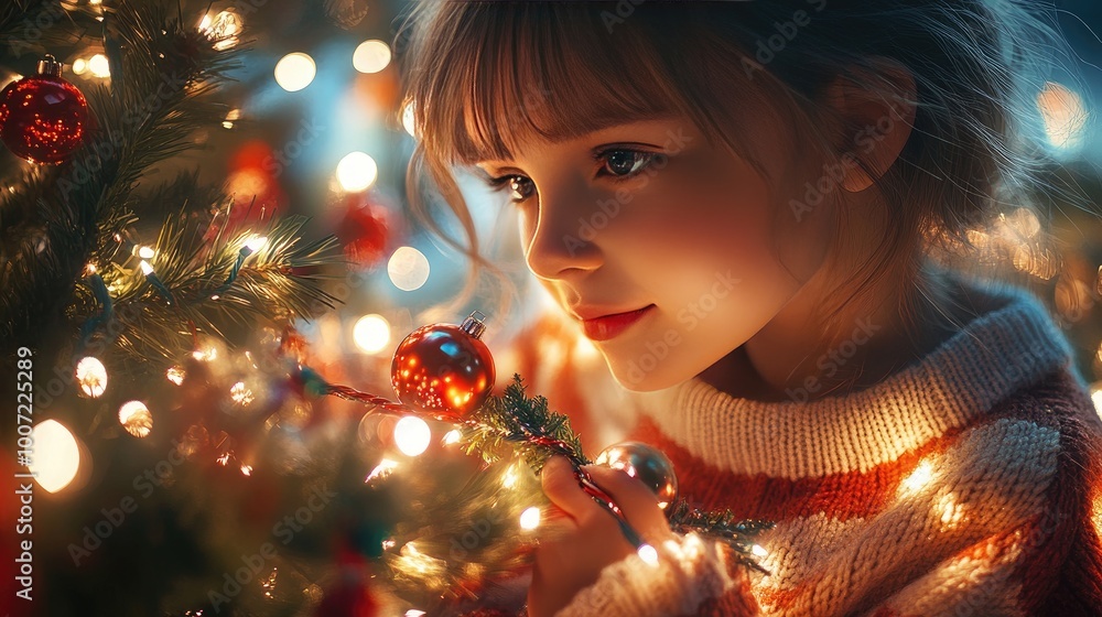 Enchanting Girl Admiring Christmas Lights and Ornaments by a Decorated Tree Enchanting Girl Admiring Christmas Lights and Ornaments by a Decorated Tree