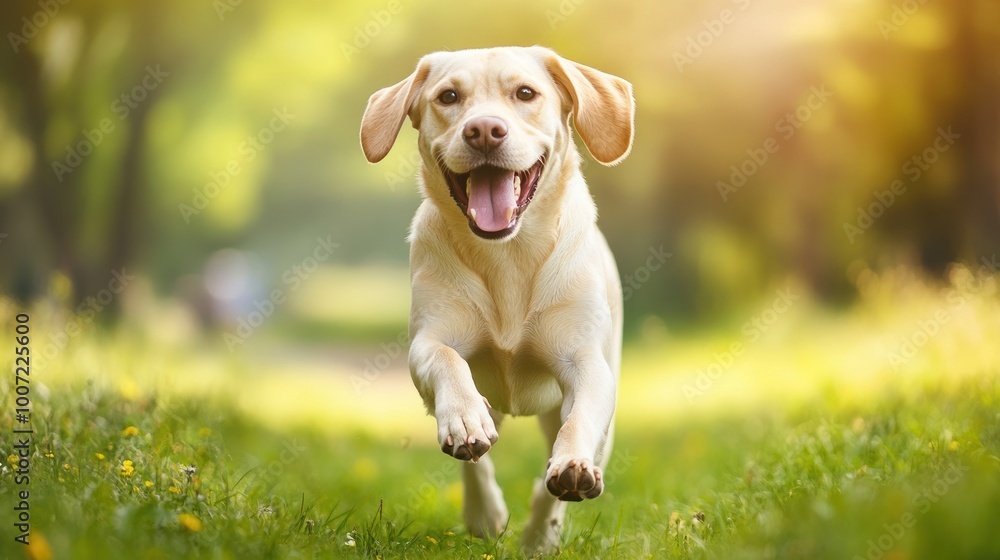 Happy dog running through a field of grass. Happy dog running through a field of grass.