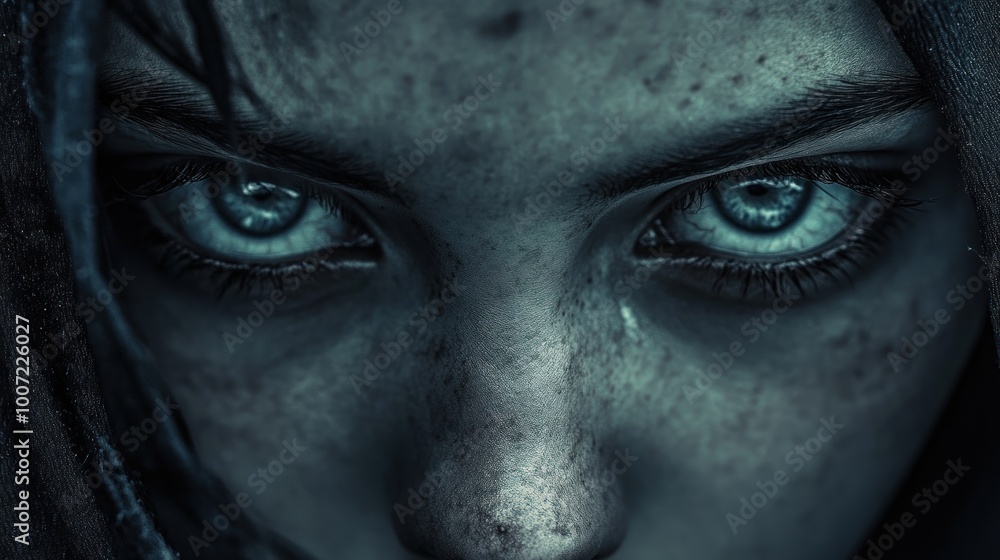 Close-up of a woman's eyes with a dark and mysterious expression. Close-up of a woman's eyes with a dark and mysterious expression.