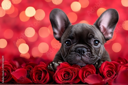 Wallpaper Mural French Bulldog Puppy with Roses and Bokeh. Torontodigital.ca
