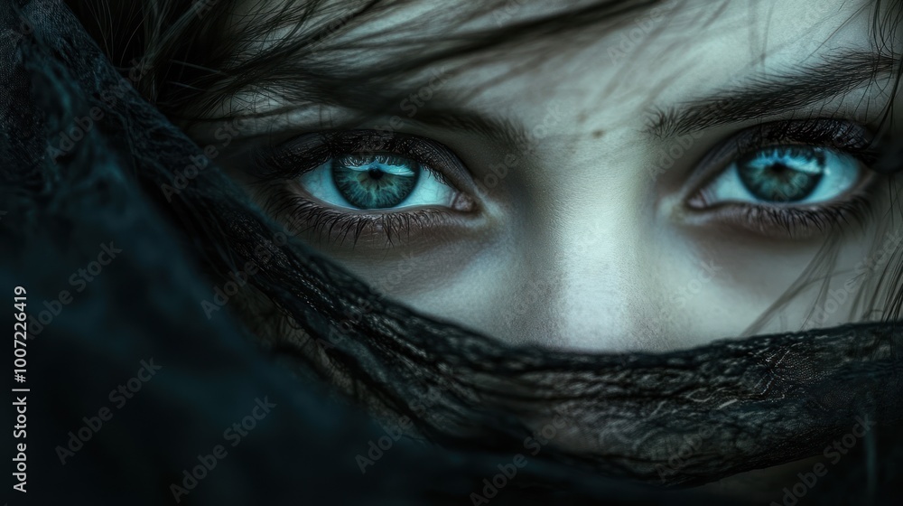 A close-up of a woman's blue eye peeking out from behind a black veil. A close-up of a woman's blue eye peeking out from behind a black veil.