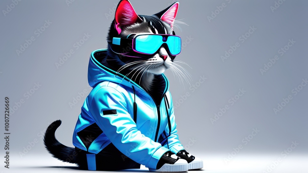 Obraz premium A stylish cat wearing sunglasses and a hoodie, exuding a cool, futuristic vibe.