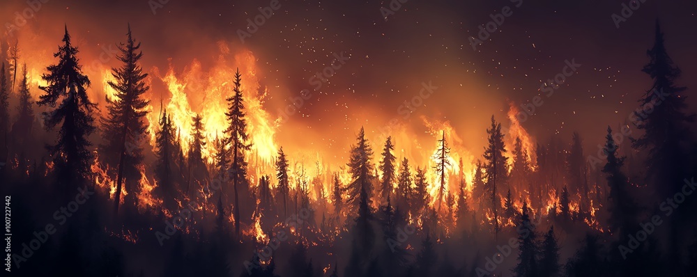 Intense forest fire spreading through trees at night, illuminating the dark sky with bright flames and heavy smoke, creating a dramatic scene. Intense forest fire spreading through trees at night, illuminating the dark sky with bright flames and heavy smoke, creating a dramatic scene.