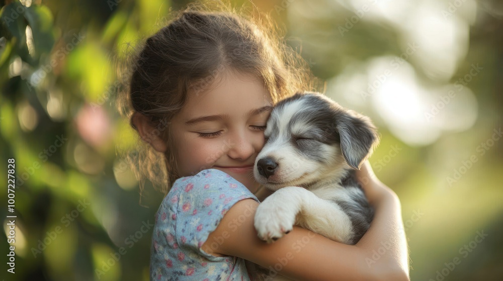 Little girl hugging a small puppy outdoors in a sunny, green setting. Little girl hugging a small puppy outdoors in a sunny, green setting.