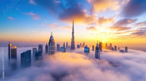 Wide-angle shot of a city skyline at dawn, with skyscrapers emerging from the mist and soft morning light bathing the scene