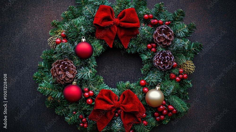 A festive red and green Christmas wreath adorned with pinecones, ribbons, and colorful ornaments. This cheerful decoration brings a warm holiday spirit to any door or space A festive red and green Christmas wreath adorned with pinecones, ribbons, and colorful ornaments. This cheerful decoration brings a warm holiday spirit to any door or space