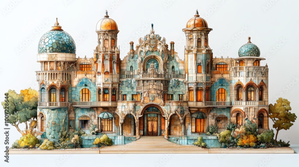 Obraz premium Art Nouveau Architectural Design, intricate colors and sustainable materials, energy-efficient features, showcasing creativity and innovation.