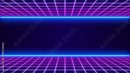3D Synthwave terrain landscape, digital blue purple glow cyberspace laser neon grid floor perspective, abstract futuristic retrowave poster design, 80s retro night arcade game tech style background