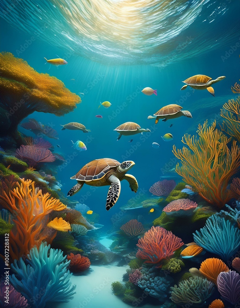 Fototapeta premium Sea turtles swim through coral
