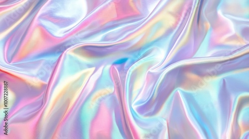 Abstract iridescent background with holographic texture and wavy lines of pastel blue, pink, and yellow colors.