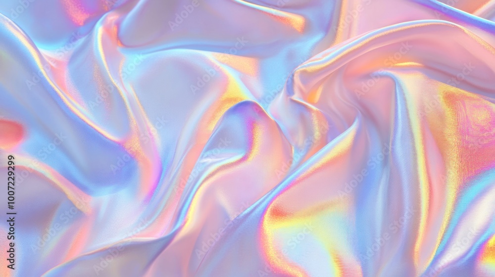 Fototapeta premium Abstract holographic pink fabric texture with a shimmering rainbow effect.