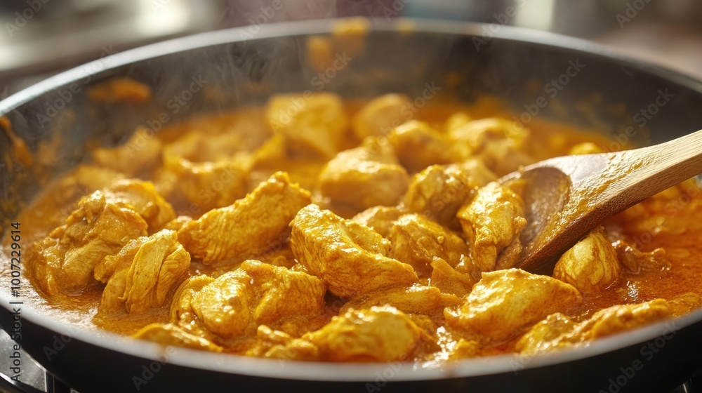 A close up of a pan of chicken curry with a wooden spoon, cooking on the stove. A close up of a pan of chicken curry with a wooden spoon, cooking on the stove.