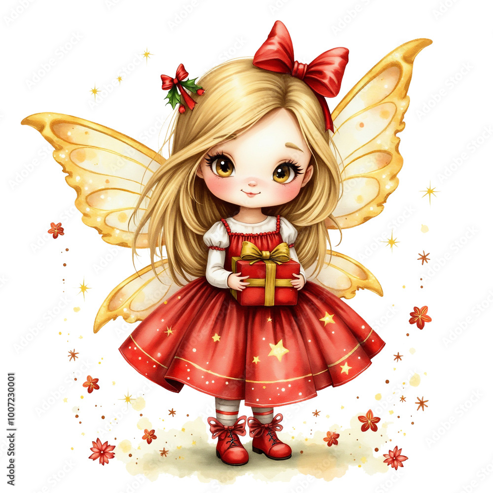 A fairy with wings and a red hat holds a gift, A fairy with wings and a red hat holds a gift,
