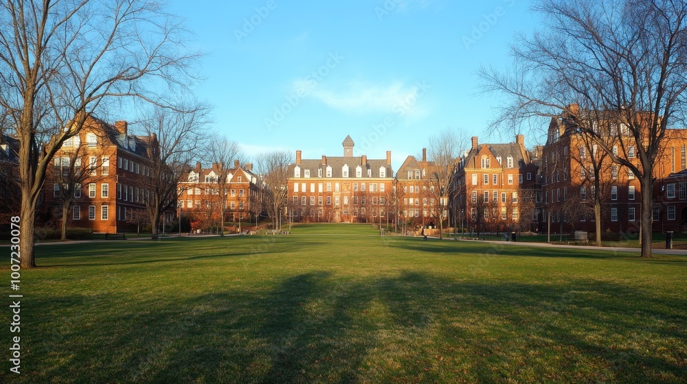 A row of brick buildings with a grassy lawn and bare trees in front of them. A row of brick buildings with a grassy lawn and bare trees in front of them.