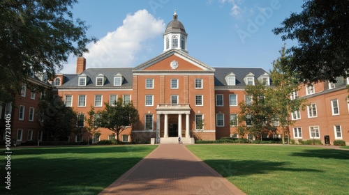 A brick building with a domed roof and many windows, surrounded by a grassy lawn with a paved walkway.