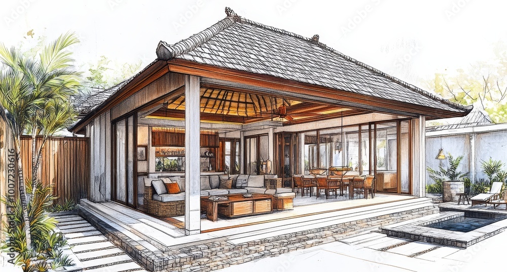 An illustrated modern interior showcasing expansive open-plan spaces with floor-to-ceiling glass walls, warm wooden accents, and lush indoor greenery. This luxurious design creates a seamless connecti An illustrated modern interior showcasing expansive open-plan spaces with floor-to-ceiling glass walls, warm wooden accents, and lush indoor greenery. This luxurious design creates a seamless connecti
