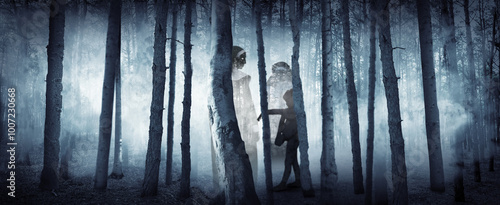 Принти на полотні Spellbound by ghosts of nuns child in misty forest. Banner design