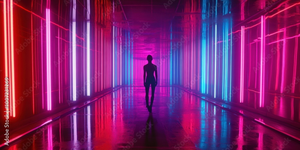 a person walking through a tunnel of neon lights a person walking through a tunnel of neon lights