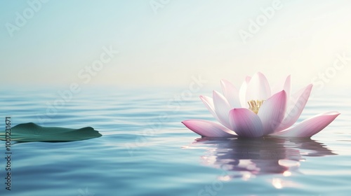 A single pink water lily floating on the surface of a still blue pond.