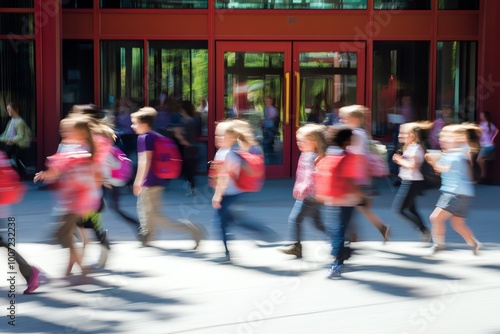 Blurred image of school children with backpacks walking outside in front of a red building, representing motion and busy school life.