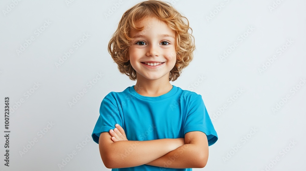 Delightful Child in a Casual Blue T-Shirt Smiling Happily with Crossed Arms, Radiating Positivity and Joy While Looking at the Camera Delightful Child in a Casual Blue T-Shirt Smiling Happily with Crossed Arms, Radiating Positivity and Joy While Looking at the Camera
