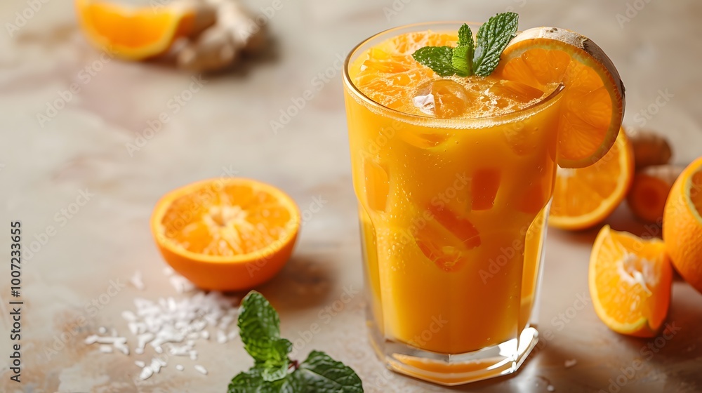 Freshly squeezed orange juice with mint and ice cubes in a glass. Citrus drink and summer refreshment concept. Flat lay with copy space for banners, product advertising, or health blogs. Freshly squeezed orange juice with mint and ice cubes in a glass. Citrus drink and summer refreshment concept. Flat lay with copy space for banners, product advertising, or health blogs.